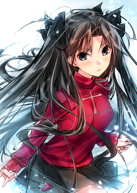 1girl black_hair blue_eyes blush bow cowboy_shot fate/stay_night fate_(series) gem hair_bow holding_necklace jewelry long_hair looking_at_viewer necklace necklace_removed puuko_(iberiko_neko) sketch skirt solo tohsaka_rin toosaka_rin