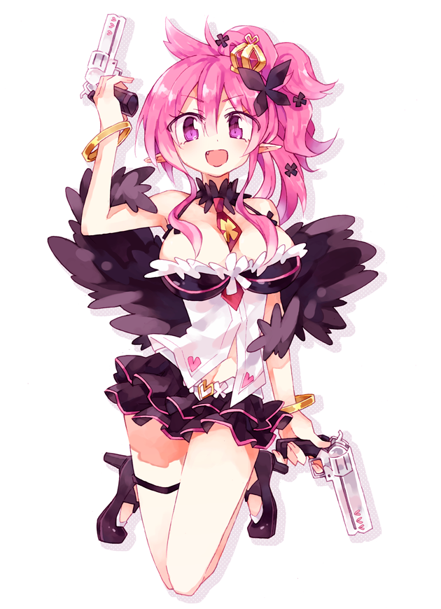 1girl :d bracelet breasts choker cleavage crown disgaea dual_wielding gun jewelry lodge_(clockworld) makai_senki_disgaea_5 miniskirt necktie open_mouth pink_hair pointy_ears seraphina_(disgaea) shoes short_hair skirt smile solo violet_eyes weapon white_background