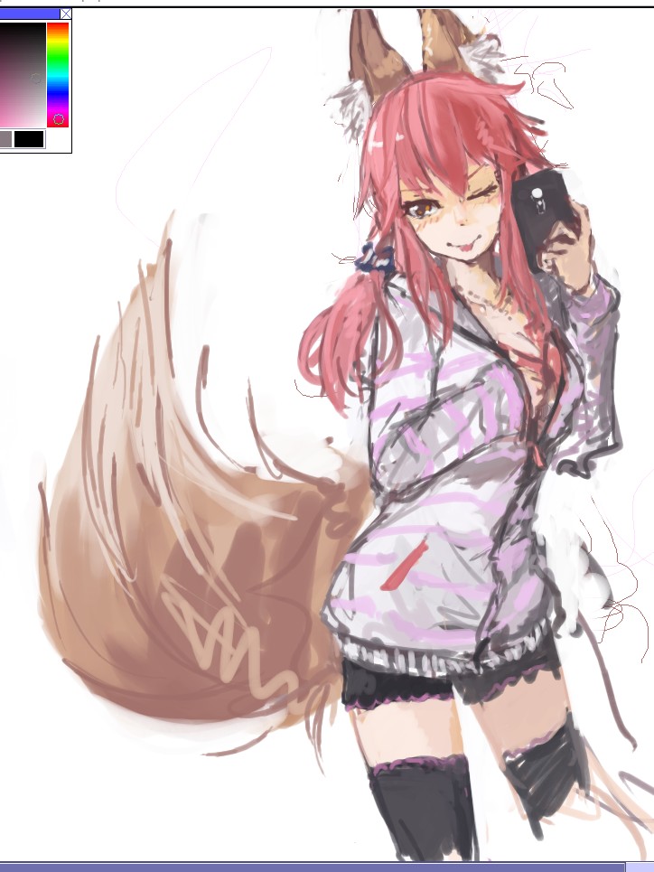 1girl ;p animal_ears black_legwear breasts caster_(fate/extra) casual cellphone cleavage fate/extra fate_(series) fox_ears fox_tail hood_down hoodie long_hair one_eye_closed pan!ies phone pink_hair shorts solo striped tail thigh-highs tongue tongue_out yellow_eyes