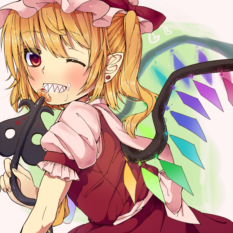 1girl ascot blonde_hair bow flandre_scarlet food food_on_face grin hat laevatein one_eye_closed pastry red_eyes retota ribbon sharp_teeth short_hair side_ponytail smile solo touhou wings