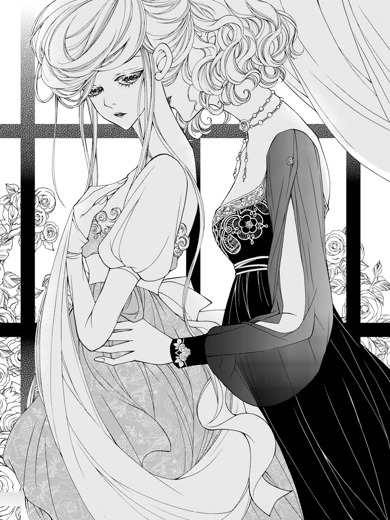 2girls couple curtains dress flower formal gown hair_up half-closed_eyes hand_on_own_chest holding incipient_kiss jewelry kiss long_hair long_sleeves monochrome multiple_girls neck_kiss necklace original parted_lips pearl_necklace puffy_long_sleeves puffy_sleeves rose short_hair sizh wavy_hair window yuri