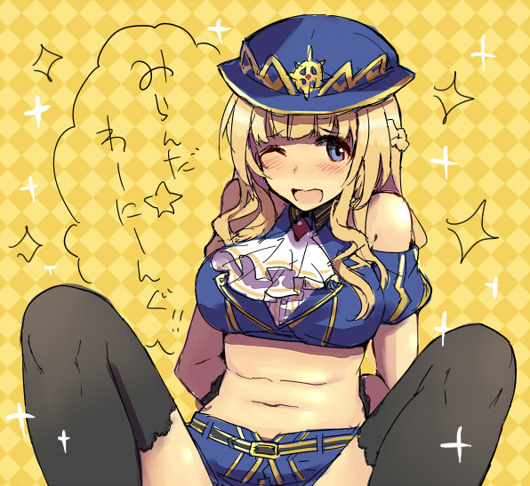 1girl amelie_mcgregor bangs bare_shoulders black_legwear blonde_hair blue_eyes blunt_bangs blush braid breasts detached_sleeves french_braid large_breasts long_hair midriff one_eye_closed piaisai shorts solo thigh-highs translation_request uchi_no_hime-sama_ga_ichiban_kawaii