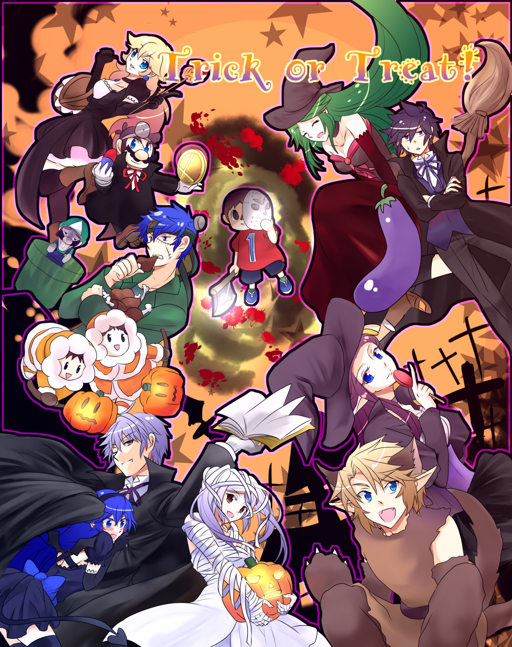 6+boys 6+girls animal_ears axe bandages bare_shoulders basket black_hair blonde_hair blood blush book breasts cape choker cleavage costume dark_pit doubutsu_no_mori dr._mario dress dual_persona earrings eating eggplant english facial_hair fake_animal_ears fake_tail fang fire_emblem fire_emblem:_akatsuki_no_megami fire_emblem:_kakusei firmicus food frankenstein's_monster green_hair hairband halloween halloween_costume hat head_mirror highres hockey_mask ice_climber ike jack-o'-lantern jewelry kid_icarus kid_icarus_uprising link long_hair looking_at_viewer luigi mario mask meat medicine multiple_boys multiple_girls mummy mustache my_unit nana_(ice_climber) open_mouth palutena pipe pit_(kid_icarus) pointy_ears ponytail popo_(ice_climber) princess_peach princess_zelda pumpkin shaded_face short_hair smile star stitches super_mario_bros. super_smash_bros. sweatdrop the_legend_of_zelda vampire_costume villager_(doubutsu_no_mori) warp_pipe weapon werewolf white_hair witch witch_hat