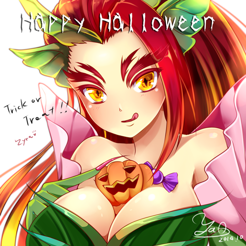 1girl 2014 :q akira_b bare_shoulders between_breasts breasts character_name cleavage dated eyebrows halloween jack-o'-lantern league_of_legends long_hair looking_at_viewer lowres redhead simple_background solo tongue tongue_out trick_or_treat white_background yellow_eyes zyra