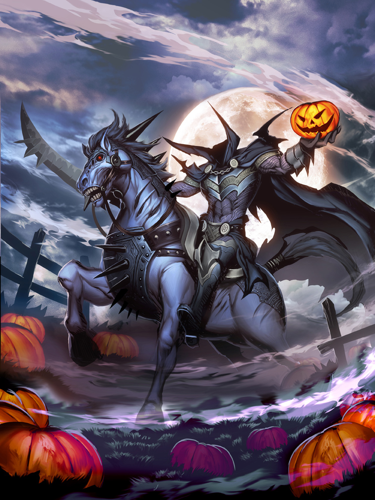 1boy barding bridle cape clouds commentary dullahan fence fog full_moon gauntlets genzoman grass headless headless_horseman high_collar holding_weapon horse jack-o'-lantern male mist moon official_art outdoors outstretched_arms pumpkin red_eyes reins riding saddle sky solforge spikes spread_arms sword weapon