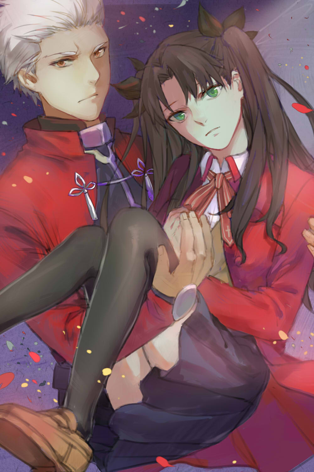 1boy 1girl archer brown_hair carrying fate/stay_night fate_(series) green_eyes highres ninetin princess_carry tohsaka_rin toosaka_rin two_side_up