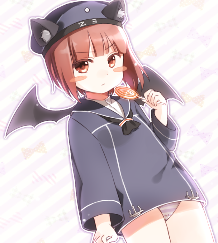 1girl animal_ears auburn_hair bat_wings blush blush_stickers bow brown_hair candy cat_ears clothes_writing halloween halloween_costume holding kantai_collection lollipop military military_uniform neckerchief orange_eyes outline panties sailor_collar sailor_dress short_hair solo striped striped_background striped_panties underwear uniform wings yae z3_max_schultz_(kantai_collection)