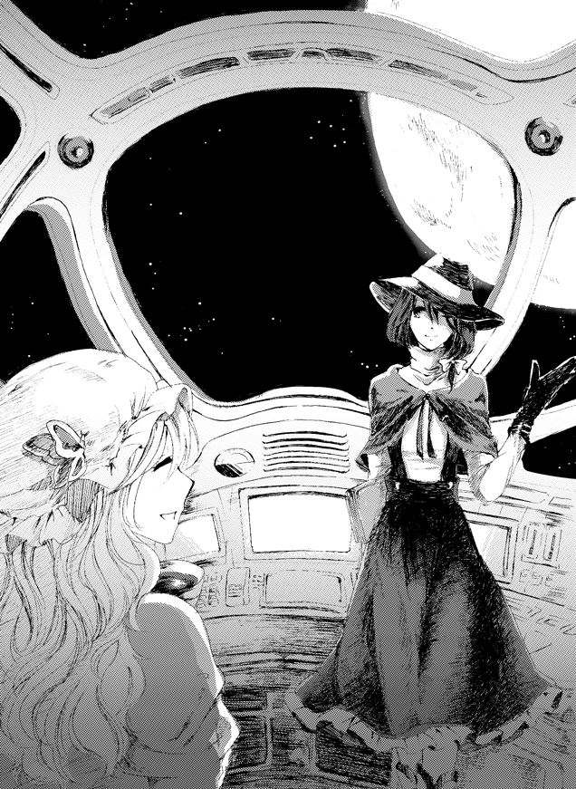2girls book bow butterfly capelet cockpit dress hair_bow hat long_hair maribel_hearn monochrome moon multiple_girls one_eye_closed open_mouth ribbon short_hair skirt smile space space_craft suja_(ufo85go) tea touhou usami_renko