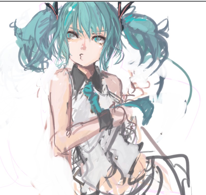 1girl :3 alternate_hair_length alternate_hairstyle aqua_eyes aqua_hair bust hair_ornament hatsune_miku necktie pan!ies puckered_lips short_twintails sketch sleeveless solo twintails vocaloid