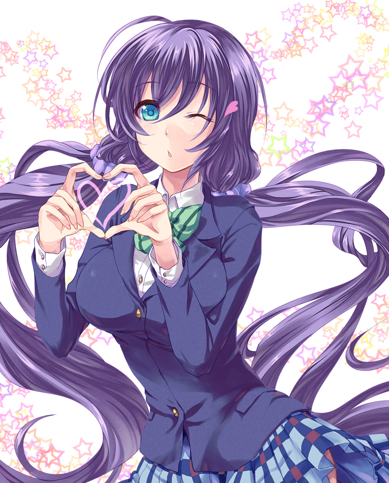 1girl aqua_eyes breasts heart heart_hands long_hair looking_at_viewer love_live!_school_idol_project one_eye_closed purple_hair school_uniform solo toujou_nozomi twintails yue_(pixiv2547)