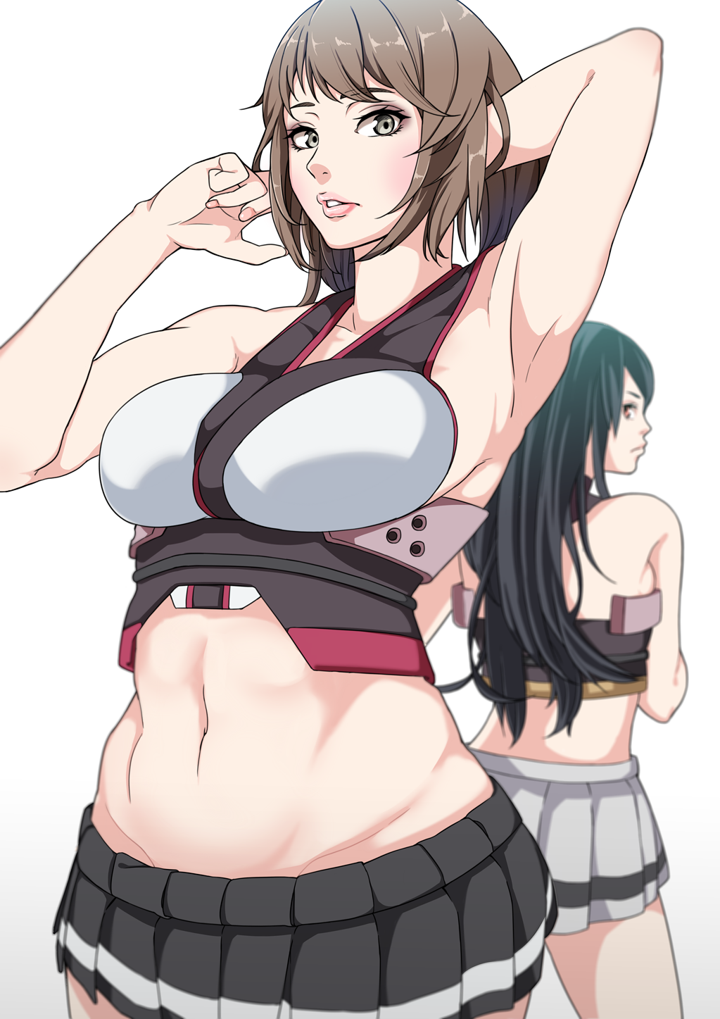 2girls abs bare_shoulders black_hair breasts brown_hair gero_(pixiv1503363) green_eyes hand_behind_head headwear_removed highres kantai_collection large_breasts long_hair looking_at_viewer midriff miniskirt multiple_girls mutsu_(kantai_collection) nagato_(kantai_collection) navel short_hair skirt