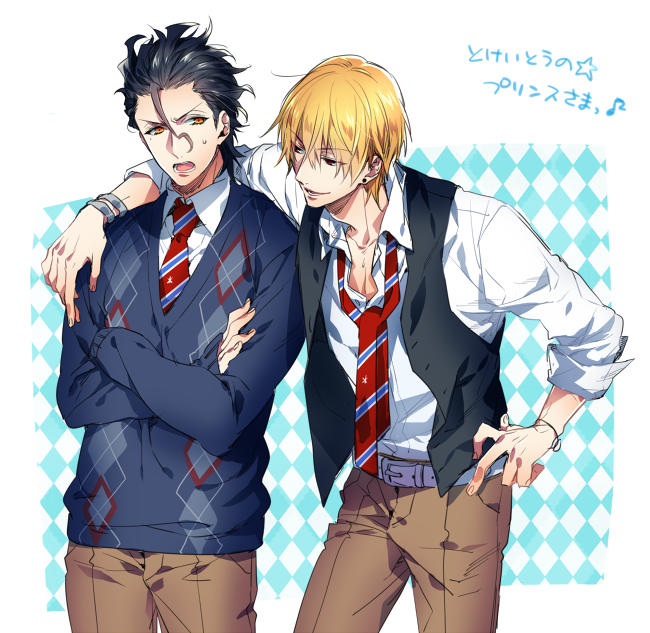 2boys argyle black_hair blonde_hair fate/zero fate_(series) gilgamesh lancer_(fate/zero) multiple_boys nakagawa_waka necktie sweater vest