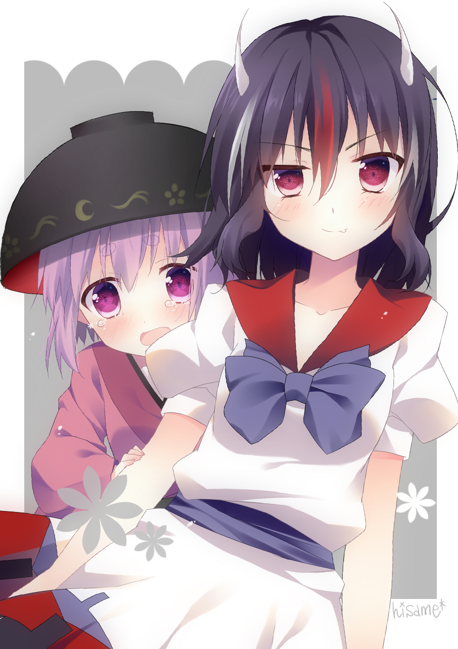 2girls artist_name black_hair bow bowl dress hat highres hisame_(nekousatan) horns japanese_clothes kijin_seija kimono looking_at_viewer minigirl multicolored_hair multiple_girls obi purple_hair red_eyes redhead sash short_hair smile streaked_hair sukuna_shinmyoumaru tears touhou violet_eyes white_hair