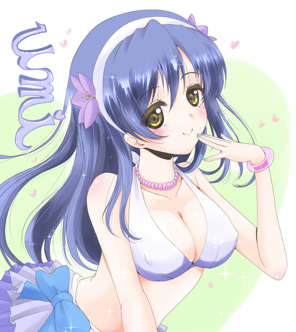 1girl blue_hair blush breasts character_name cleavage frapowa heart long_hair looking_at_viewer love_live!_school_idol_project smile solo sonoda_umi yellow_eyes