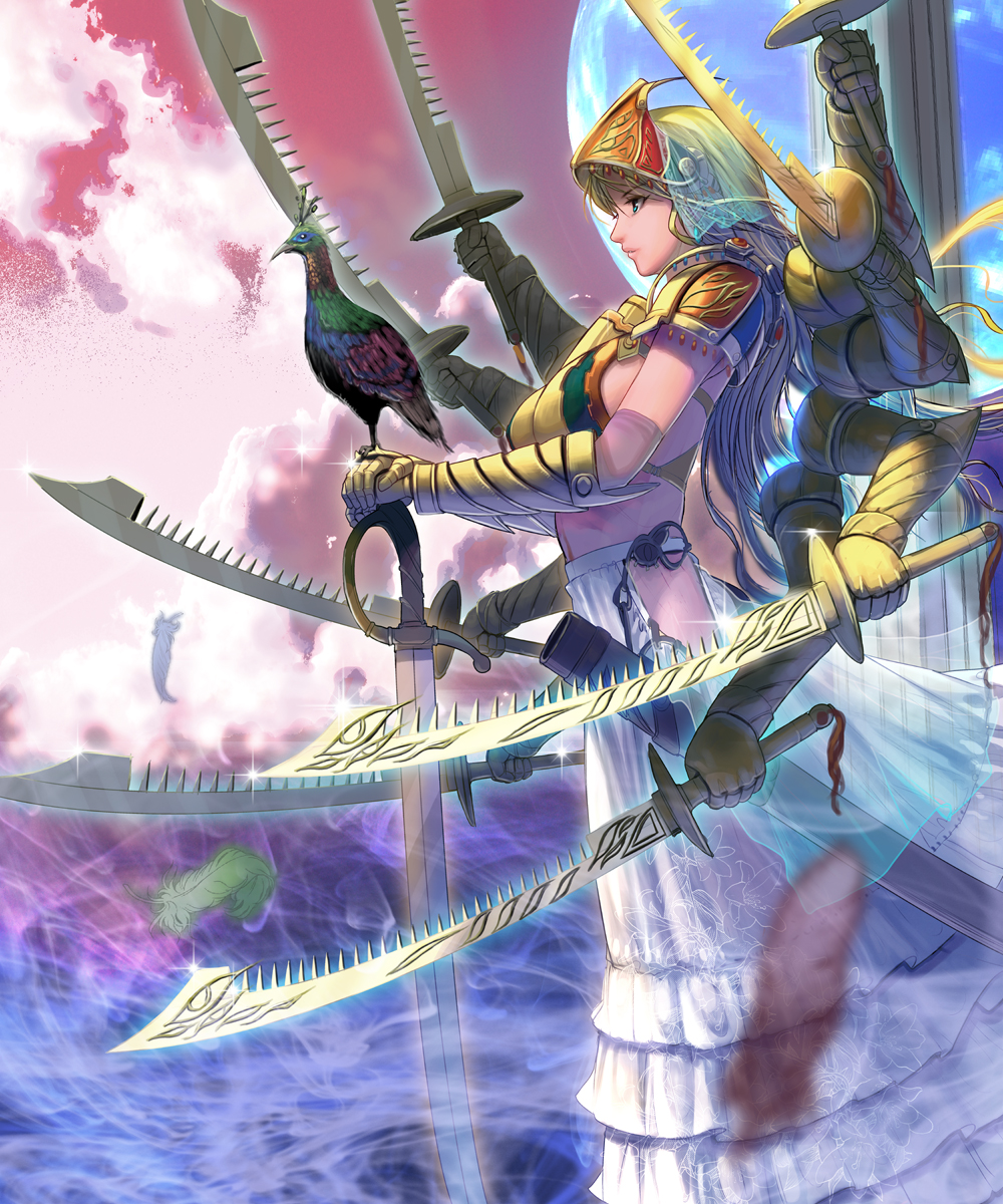 1girl armor armored_dress bird blonde_hair blue_eyes breastplate breasts disembodied_limb extra_arms fantasy feathers forehead_protector gauntlets highres lips long_hair long_skirt masao midriff moon nose octuple_wielding original peacock planted_sword planted_weapon profile quadruple_wielding revision scabbard sheath sideboob skirt solo standing sword veil weapon