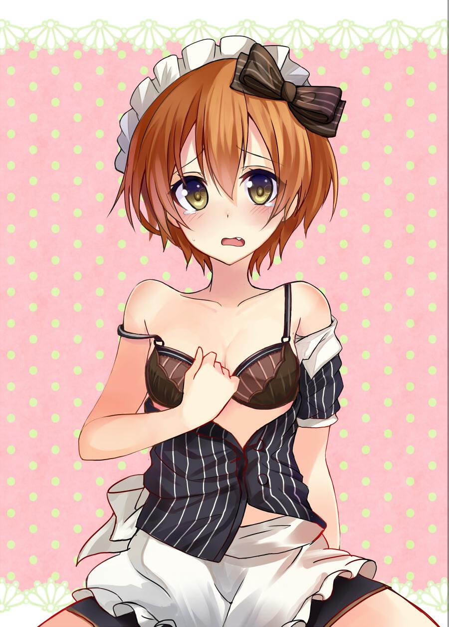 1girl apron bare_shoulders black_bra bra collarbone fang highres hoshizora_rin looking_at_viewer love_live!_school_idol_project maid maid_headdress okutomi_fumi open_clothes open_mouth open_shirt orange_hair short_hair solo strap_slip tears underwear yellow_eyes