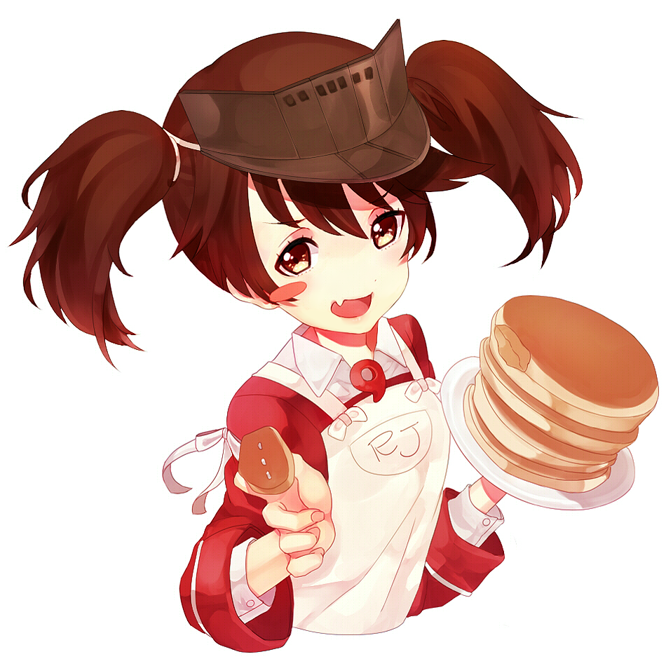 1girl apron blush_stickers brown_eyes brown_hair fang feeding fork hat kantai_collection looking_at_viewer open_mouth pancake plate raixx21 ryuujou_(kantai_collection) solo twintails white_background