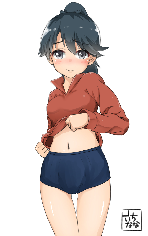 1girl adapted_costume black_eyes black_hair blush buruma cowboy_shot houshou_(kantai_collection) kantai_collection long_hair looking_at_viewer mokyutan navel ponytail shirt_lift signature smile solo thigh_gap