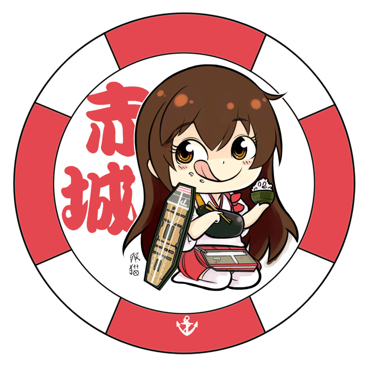 1girl :q akagi_(kantai_collection) alson brown_eyes brown_hair chibi chopsticks flight_deck food food_on_face holding japanese_clothes kantai_collection long_hair muneate pleated_skirt rice rice_bowl rice_on_face sitting skirt smile solo tongue tongue_out translation_request