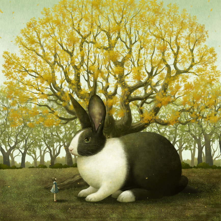 1girl animal kazami_(kuroro) nature oversized_animal rabbit tree