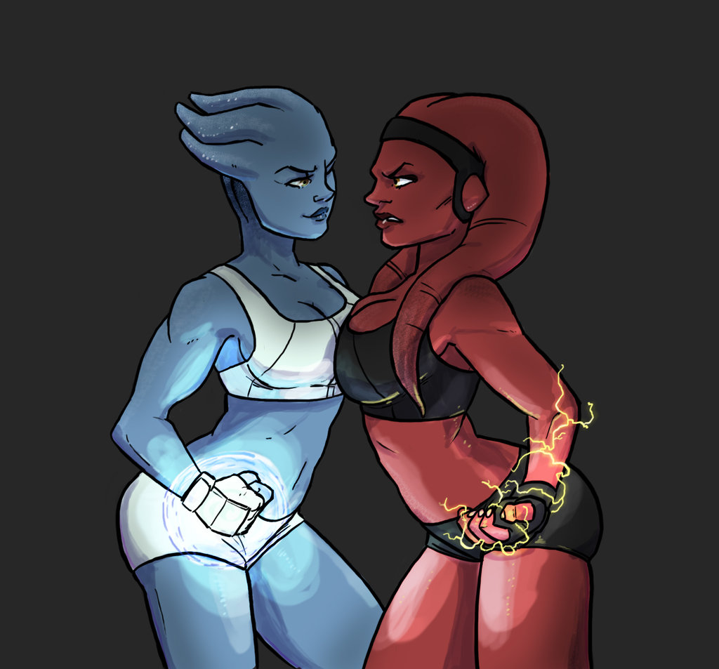 2girls alien asari asymmetrical_docking bald blue_lipstick blue_skin breast_press breasts cleavage crossover ear_protection electricity faceoff fingerless_gloves gloves headband lipstick makeup mass_effect mixed_martial_arts multiple_girls one_eye_closed penelope_and_me red_lipstick red_skin short_shorts shorts sports_bra star_wars twi'lek