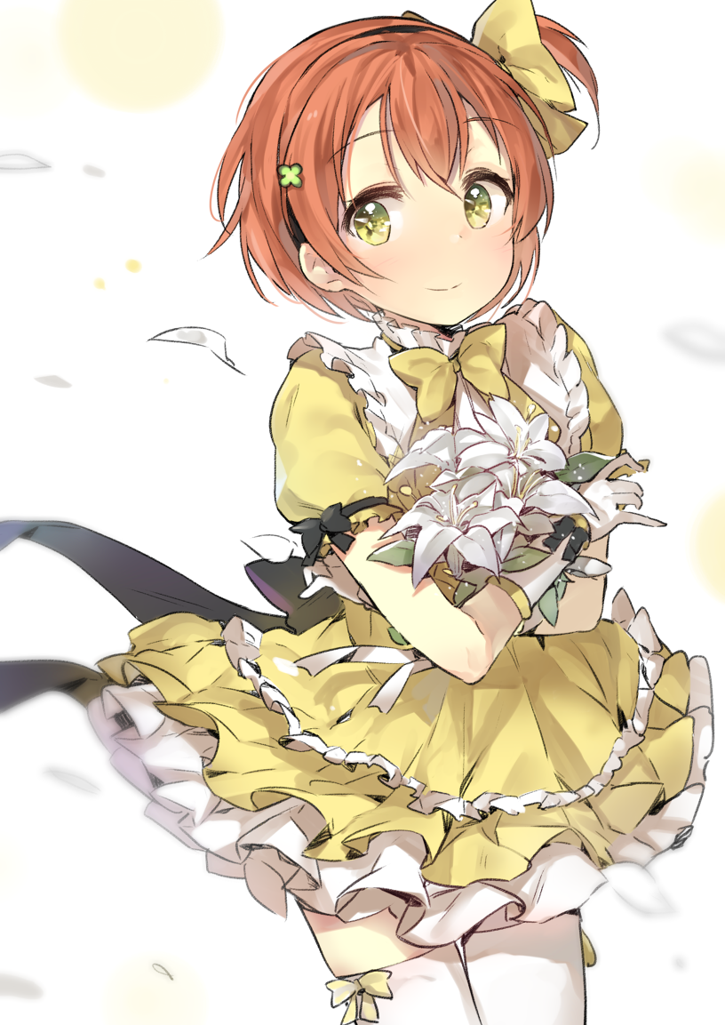 1girl blush bow clover cowboy_shot cozyquilt flower four-leaf_clover gloves green_eyes hair_ornament hoshizora_rin lily_(flower) love_live!_school_idol_project orange_hair short_hair side_ponytail skirt smile solo thigh-highs white_gloves white_legwear