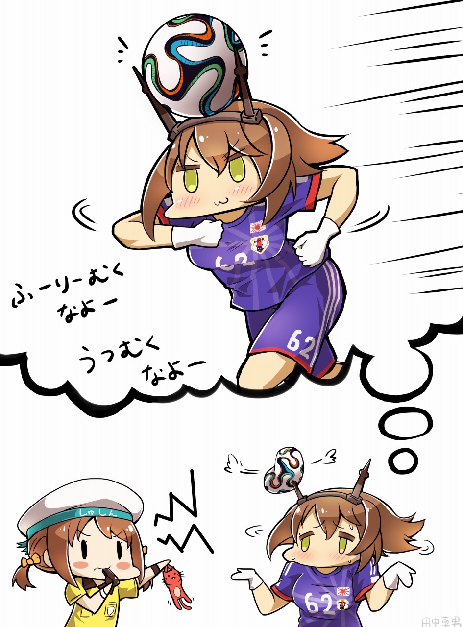 :3 alternate_costume ball batsubyou blush_stickers bow brown_hair cat comic error_musume girl_holding_a_cat_(kantai_collection) gloves green_eyes hair_bow hair_ribbon hat headgear highres holding kantai_collection mutsu_(kantai_collection) referee ribbon short_hair soccer_ball soccer_uniform sportswear sweat tanaka_kusao translation_request twintails whistle white_gloves