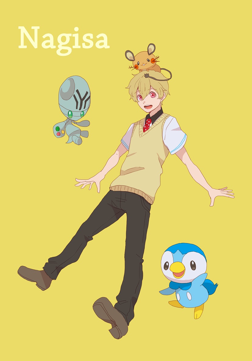 1boy blonde_hair character_name crossover dedenne free! hazuki_nagisa necktie piplup pokemon pokemon_(creature) red_eyes ronisuke school_uniform smile