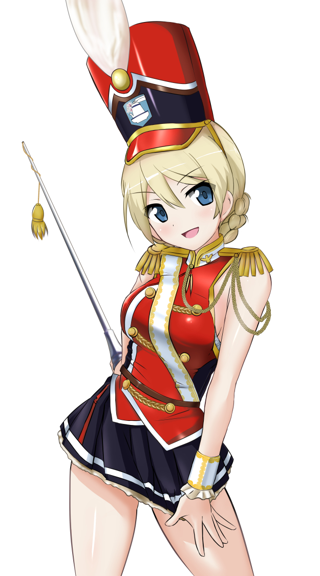 1girl aegis_(nerocc) alternate_costume band_uniform blonde_hair blue_eyes blush braid cup darjeeling emblem girls_und_panzer hand_on_hip hand_on_thigh hat holding jacket looking_at_viewer majorette marching_band marching_band_baton miniskirt open_mouth pleated_skirt shako_cap short_hair skirt sleeveless smile solo standing teacup teapot uniform white_background wrist_cuffs