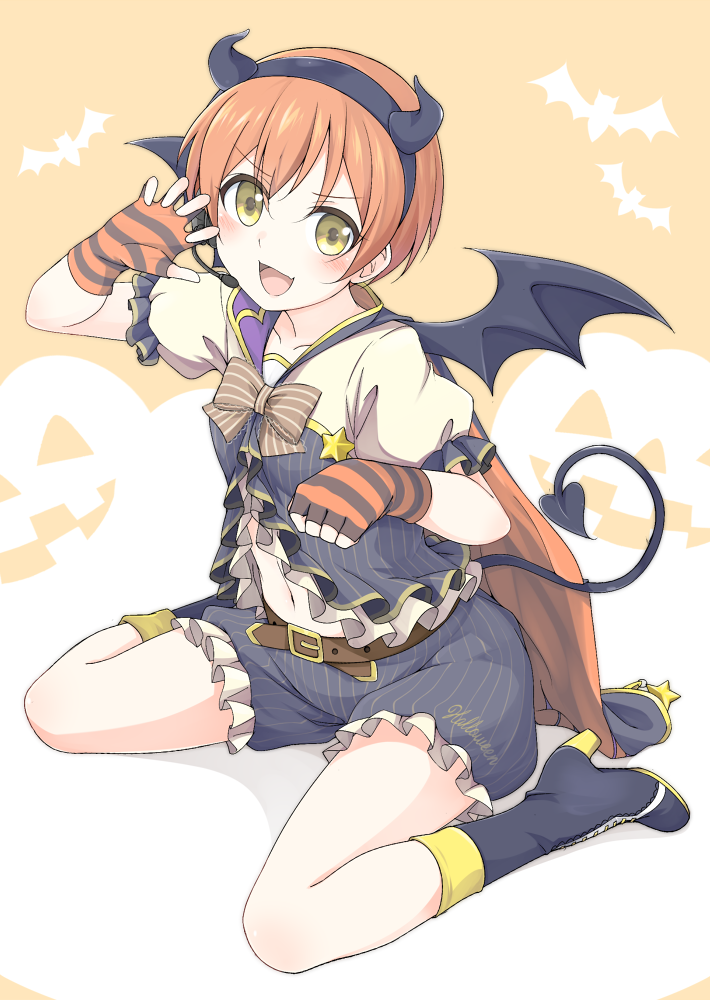 1girl :d bat_wings blush boots cape demon_tail fake_horns fingerless_gloves gloves hairband halloween hoshizora_rin love_live!_school_idol_project mobu open_mouth orange_hair paw_pose short_hair sitting smile solo striped striped_gloves tail wariza wings yellow_eyes