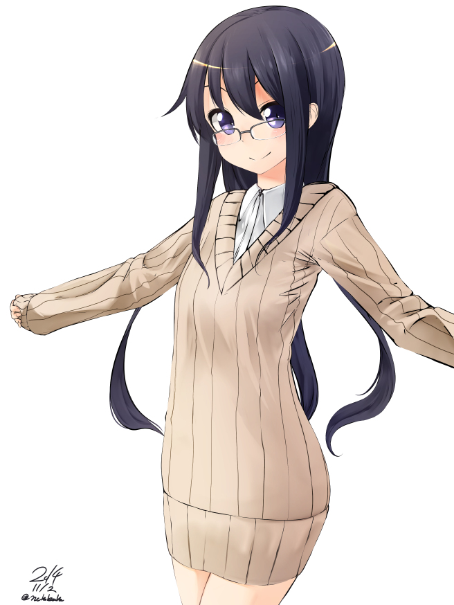 1girl akatsuki_(kantai_collection) alternate_costume bespectacled black_hair blush cowboy_shot dated glasses kantai_collection long_hair looking_at_viewer nekobaka outstretched_arms ribbed_sweater semi-rimless_glasses skirt smile solo spread_arms sweater twitter_username very_long_hair violet_eyes white_background