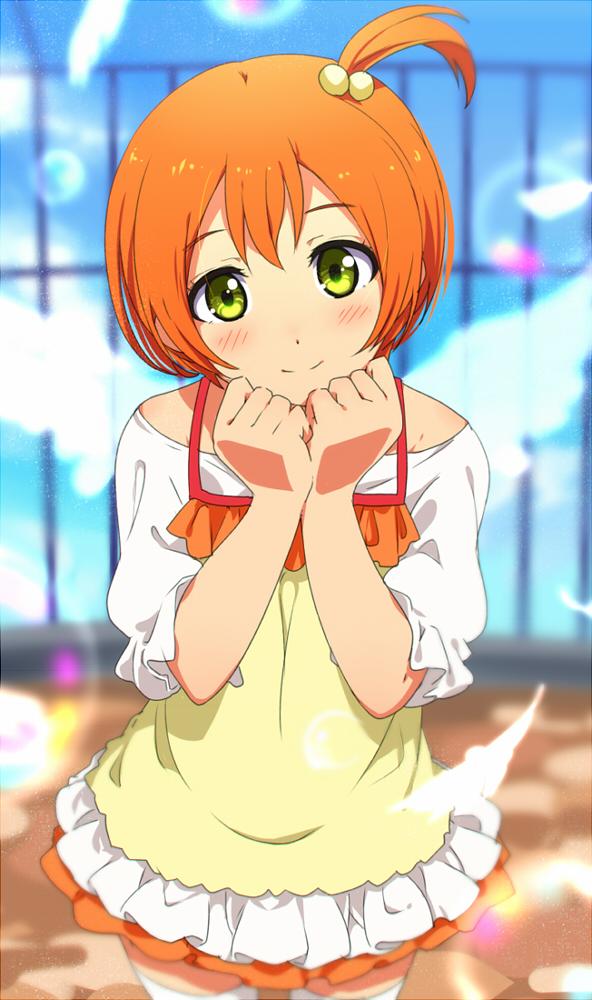 1girl cowboy_shot green_eyes hair_bobbles hair_ornament hoshizora_rin looking_at_viewer love_live!_school_idol_project ogipote one_side_up orange_hair short_hair skirt smile solo thigh-highs