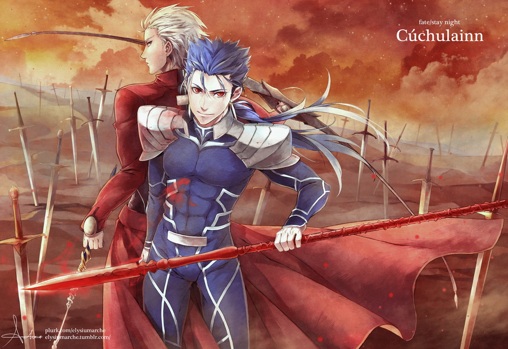 2boys archer back-to-back blue_hair bow_(weapon) community666 fate/stay_night fate_(series) field_of_blades gae_bolg lancer long_hair multiple_boys polearm ponytail red_eyes spear unlimited_blade_works weapon white_hair