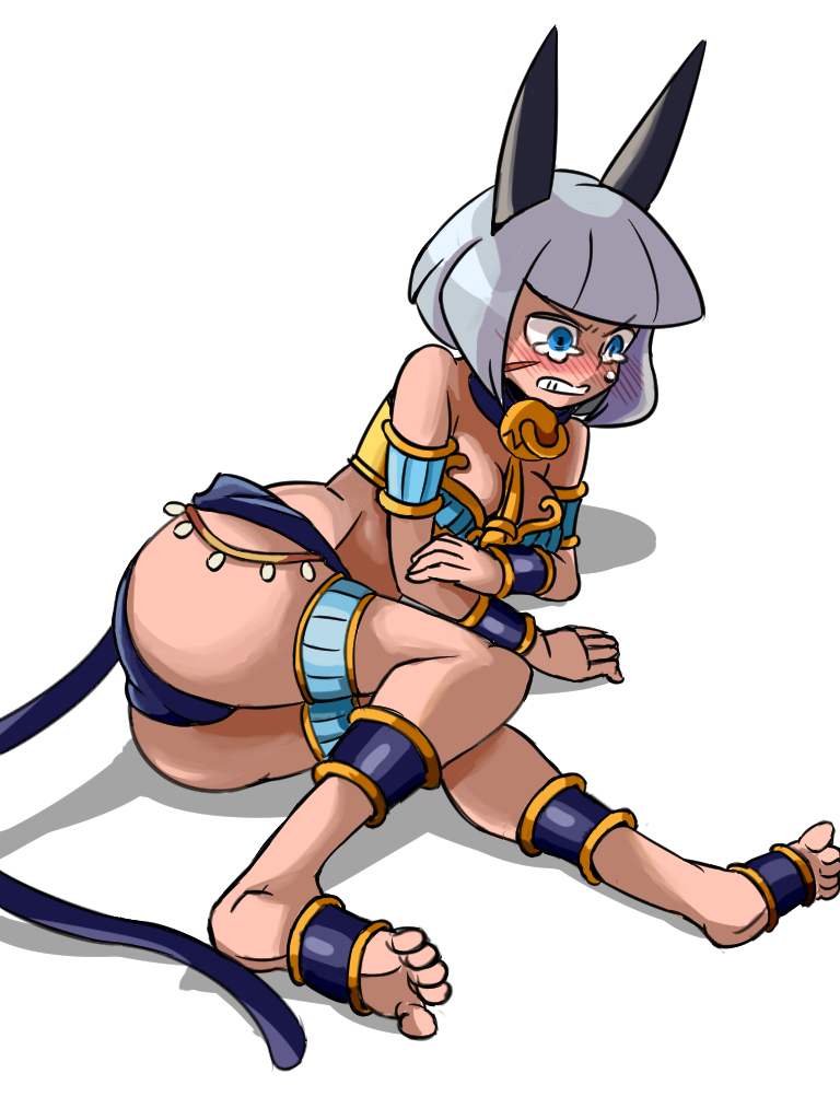 1girl alternate_costume animal_ears anklet armlet ass bangs black_panties blue_eyes blunt_bangs blush bob_cut breasts cat_ears cat_tail cleavage collar crying crying_with_eyes_open dark_skin embarrassed full-face_blush jewelry lying ms._fortune_(skullgirls) on_side panties scar short_hair silver_hair skullgirls slave solo spoilers tail tears thigh_strap toes underwear wristband zassou_maruko