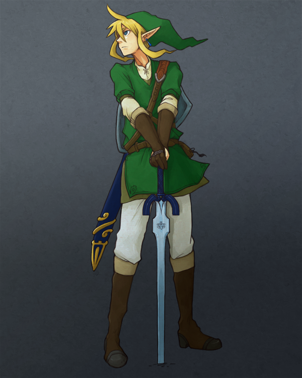 1boy blonde_hair blue_eyes boots brown_gloves earrings gloves hat jewelry knee_boots link master_sword morishige planted_sword planted_weapon pointy_ears scabbard sheath shield solo sword the_legend_of_zelda tunic weapon