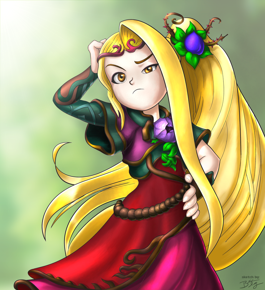 1girl bill_stiernberg blonde_hair dress flat_chest flower frown hair_flower hair_ornament hand_on_head hand_on_hip kid_icarus kid_icarus_uprising long_hair ponytail side_ponytail signature solo very_long_hair viridi yellow_eyes