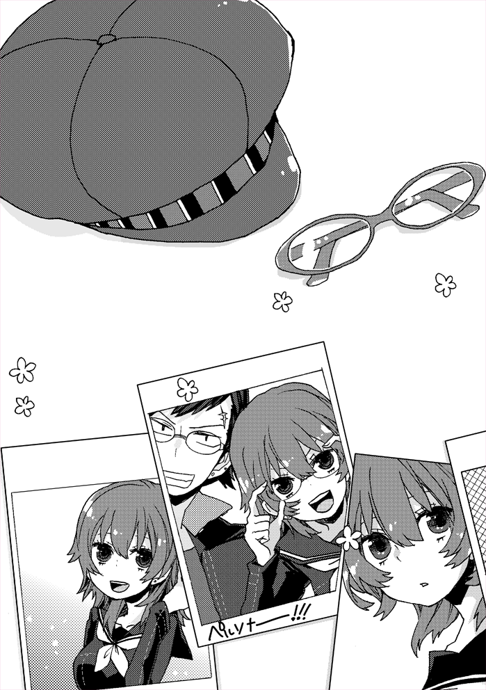 cabbie_hat comic glasses hat monochrome persona persona_4 photo_(object) sayu030b scar school_uniform shirogane_naoto short_hair tatsumi_kanji