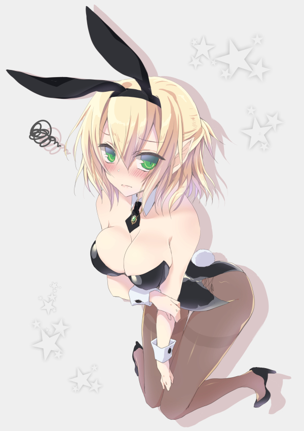 1girl animal_ears blonde_hair blush breasts brown_legwear bunny_girl bunnysuit cleavage detached_collar green_eyes high_heels holding_arm jewelry minoru mizuhashi_parsee necktie pantyhose pendant rabbit_ears short_hair silhouette solo squiggle star starry_background touhou wrist_cuffs