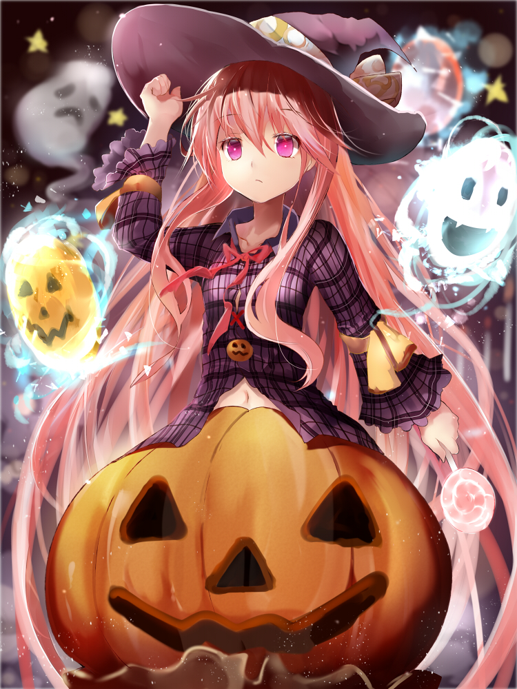 1girl adapted_costume candy efe expressionless ghost halloween hat hata_no_kokoro jack-o'-lantern lollipop long_hair long_sleeves mask navel pink_eyes pink_hair plaid plaid_shirt revision skirt solo touhou very_long_hair witch_hat