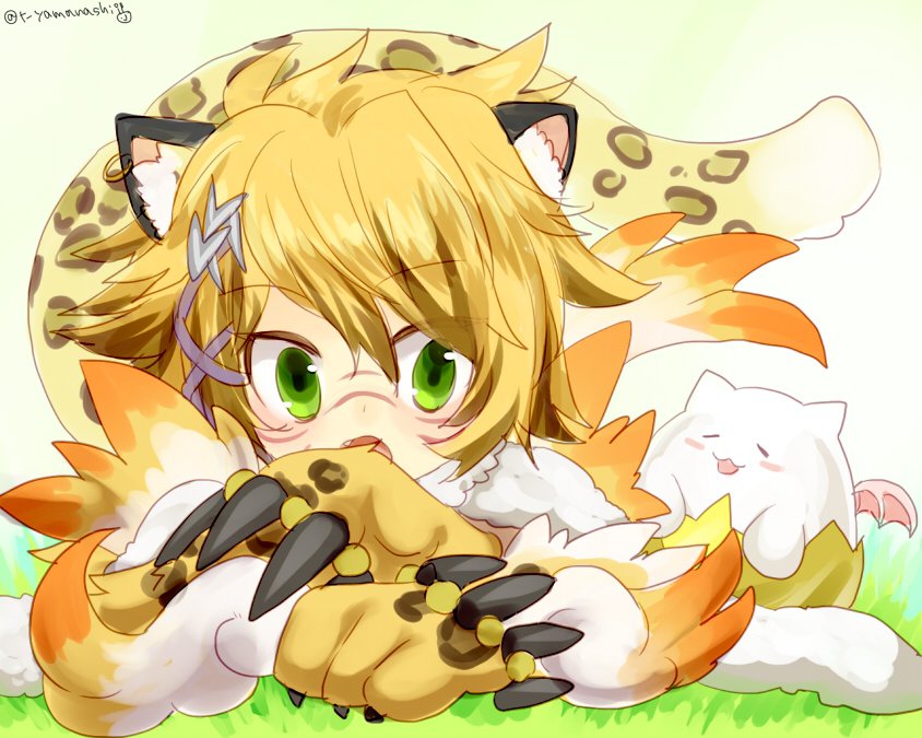 1girl :o animal_ears blonde_hair cat_ears cat_tail claws facepaint fang fur_trim fuu_(p&amp;d) grass green_eyes hair_ornament looking_at_viewer lying on_stomach paws puzzle_&amp;_dragons short_hair solo tail tamadra twitter_username yamanashi_taiki
