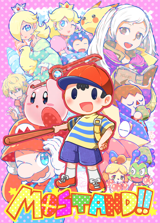 4girls 6+boys :d ;) animal_crossing:_city_folk ape_inc. apple backpack bag baseball_bat baseball_cap black_hair blonde_hair blue_eyes blush blush_stickers book breasts brown_eyes brown_hair capcom chiko_(mario) creatures_(company) crown cup dog doubutsu_no_mori drinking earrings facial_hair female_my_unit_(fire_emblem:_kakusei) fire_emblem fire_emblem:_kakusei food frog fruit gloves greninja hair_over_one_eye hal_laboratory_inc. hand_on_hip hat helmet high_collar hooded_cloak hoshi_no_kirby intelligent_systems jewelry kaeru_no_tame_ni_kane_wa_naru kirby kirby_(series) long_hair long_sleeves luma mario super_mario_bros. monado monolith_soft mother_(game) mother_2 multiple_boys multiple_girls mustache my_unit ness nintendo one_eye_closed open_mouth overalls pikachu pink_background pokemon pokemon_xy ponytail prince_sable princess_peach puffy_sleeves radio22 rockman rockman_(character) rosalina_(mario) rosetta shizue_(doubutsu_no_mori) short_hair shorts shulk smile solid_oval_eyes sora_(company) super_mario_bros. super_mario_galaxy super_smash_bros. super_smash_bros_for_wii_u_and_3ds tea teacup tobidase:_doubutsu_no_mori tongue vest villager_(doubutsu_no_mori) wand weapon white_gloves white_hair winking xenoblade xenoblade_1