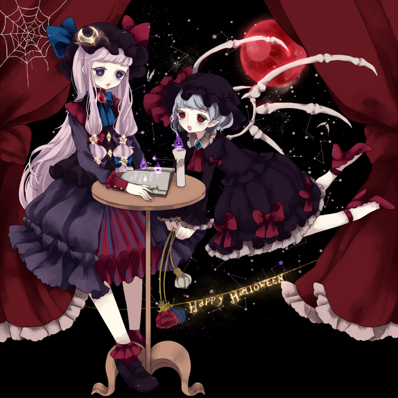 2girls blue_hair book bow candle crescent_hair_ornament hair_ornament hat hat_bow high_heels long_hair moon multiple_girls patchouli_knowledge purple_hair red_eyes red_moon remilia_scarlet renka913 touhou violet_eyes wings
