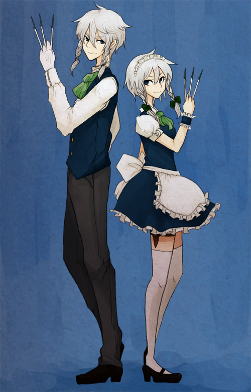 1boy 1girl apron ascot back-to-back between_fingers blue_background blue_eyes bow braid butler dual_persona frills genderswap gloves hair_bow height_difference holster izayoi_sakuya knife maid maid_headdress morishige puffy_sleeves short_hair silver_hair thigh-highs thigh_holster touhou twin_braids waist_apron white_gloves wrist_cuffs