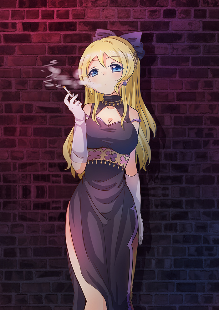 ayase_eli bare_legs blonde_hair blue_eyes bow breasts brick_wall cigarette cleavage_cutout dress earrings elbow_gloves emia_wang gloves hair_bow jewelry large_breasts long_hair love_live!_school_idol_project piercing purple_bow purple_dress smoking solo wall white_gloves