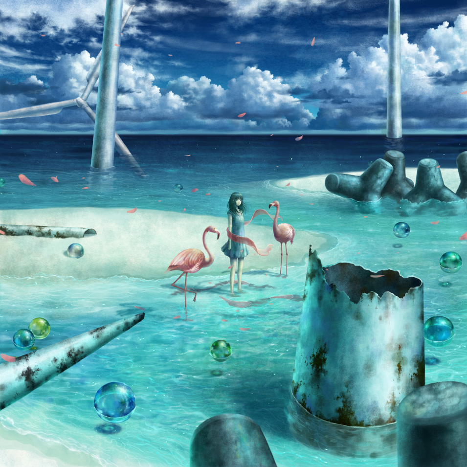 1girl bird clouds flamingo kazami_(kuroro) nature ocean original ruins sky sphere tetrapod wading water wind windmill