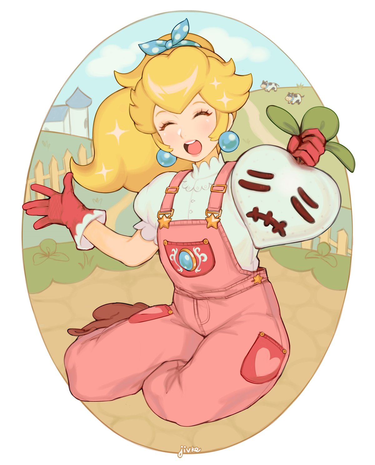 1girl alternate_costume alternate_hairstyle blonde_hair closed_eyes crown earrings farm farmer gloves highres jewelry jivke kneeling looking_at_viewer super_mario_bros. overalls ponytail princess_peach stitched_face stitched_mouth stitches super_mario_bros. super_smash_bros. turnip