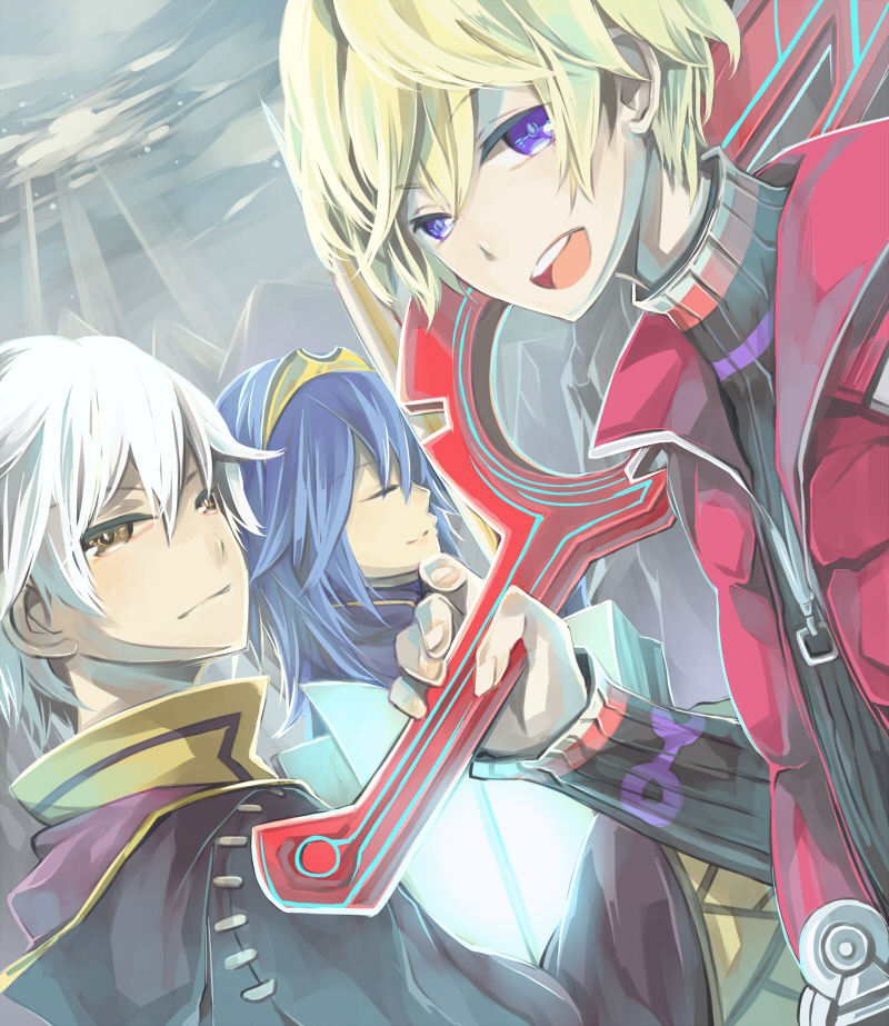 1girl 2boys :d blonde_hair blue_eyes blue_hair book brown_eyes fire_emblem fire_emblem:_kakusei hair_ornament hairband hooded_cloak long_coat looking_at_viewer lucina monado multiple_boys my_unit nintendo open_mouth over_shoulder salumak short_hair shulk sky smile super_smash_bros. sword tiara turtleneck vest weapon weapon_over_shoulder white_hair xenoblade