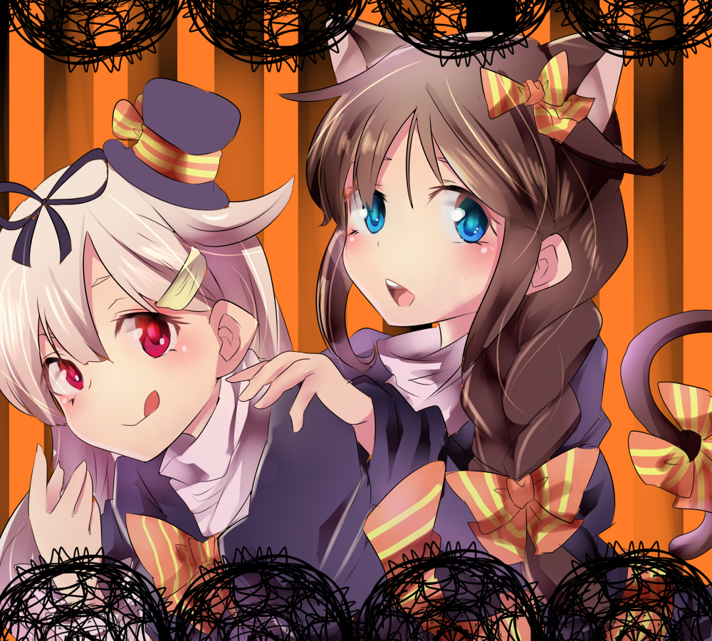 2girls :q ahoge alternate_costume animal_ears blonde_hair blush braid brown_hair cat_ears hair hair_flaps hair_ribbon halloween hand_on_another's_shoulder hat kantai_collection long_hair looking_at_viewer mini_top_hat multiple_girls porokkon ribbon shigure_(kantai_collection) single_braid smile striped striped_background tail_bow tongue tongue_out top_hat yuudachi_(kantai_collection)