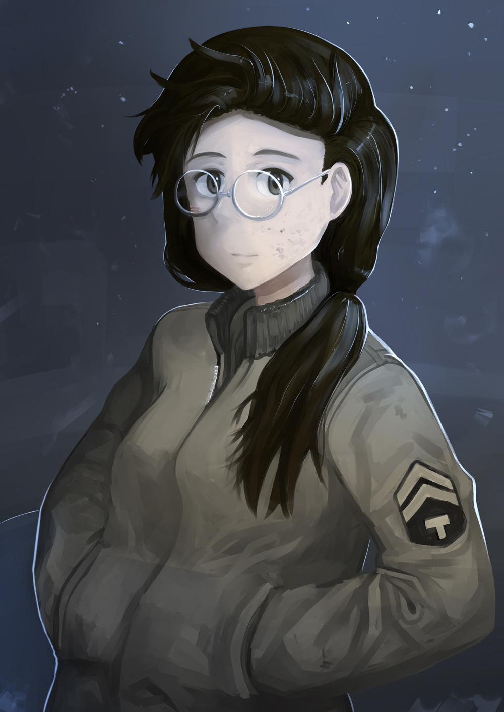 1girl army black_hair bomber_jacket dirty dirty_face erica_(naze1940) glasses hands_in_pockets highres jacket long_hair looking_over_glasses low_ponytail military military_uniform night original round_glasses solo uniform world_war_ii