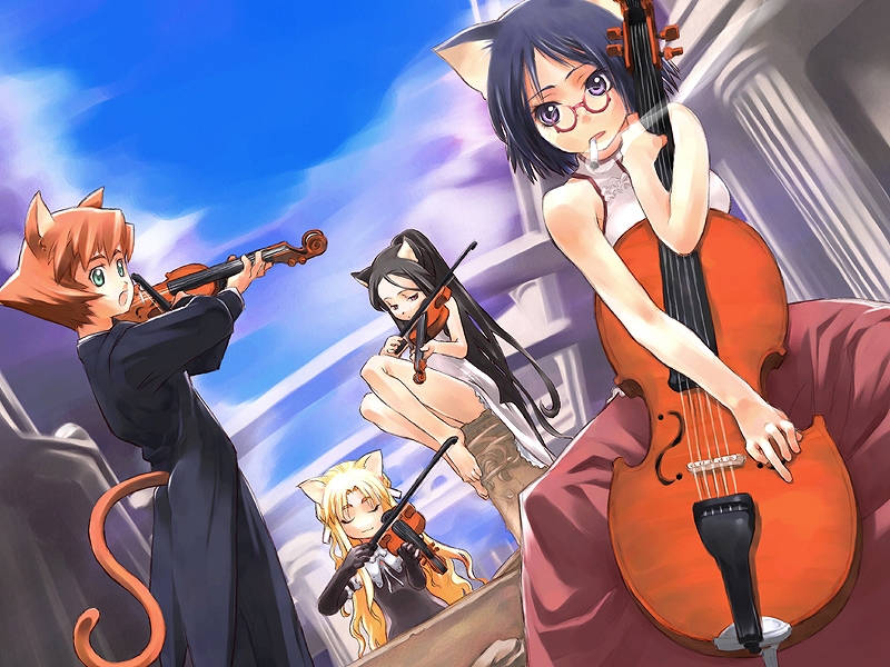 animal_ears bare_feet black_hair blonde_hair blue_hair brown_eyes brown_hair cat_ears cat_tail cello cigarette closed_eyes dress dutch_angle glasses green_eyes instrument long_hair multiple_girls nekomimi orange_hair original pony_tail purple_eyes purple_hair short_hair sitting smoking standing tail violet_eyes violin